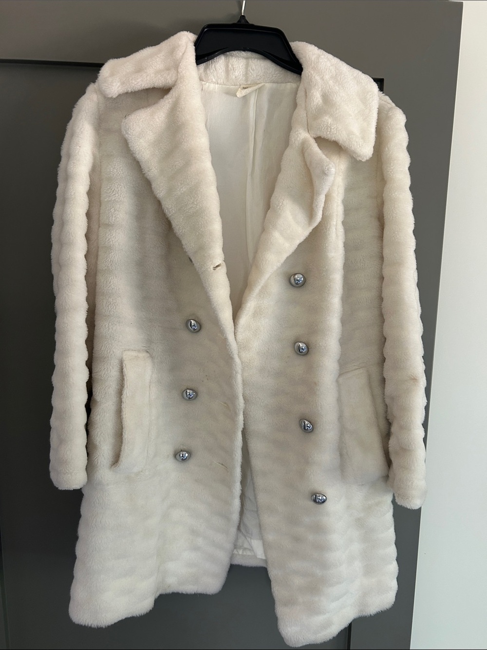 Vintage Women's Double-Breasted Faux Fur Coat - Cream/White